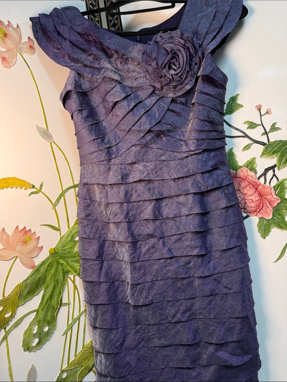 London Times Midnight Purple Layered Rosette Midi Dress